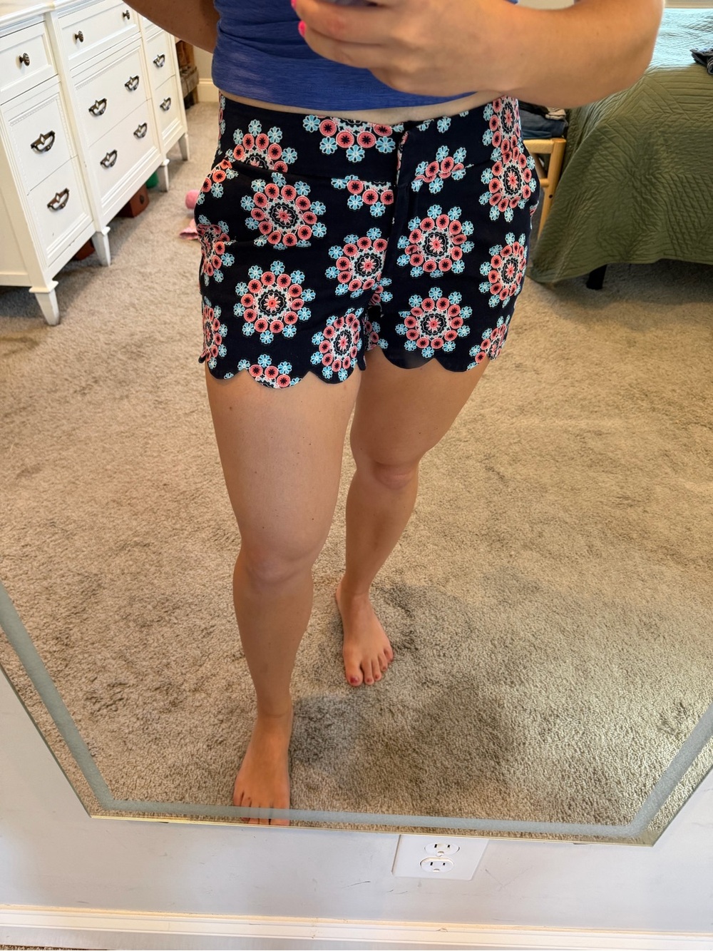 crown & ivy Navy Floral Scallop Hem Shorts with Coral & Light Blue
